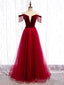 Tassel Sleeves Off The Shoulder Tulle Burgundy Floor Length Lace Up Prom Dress