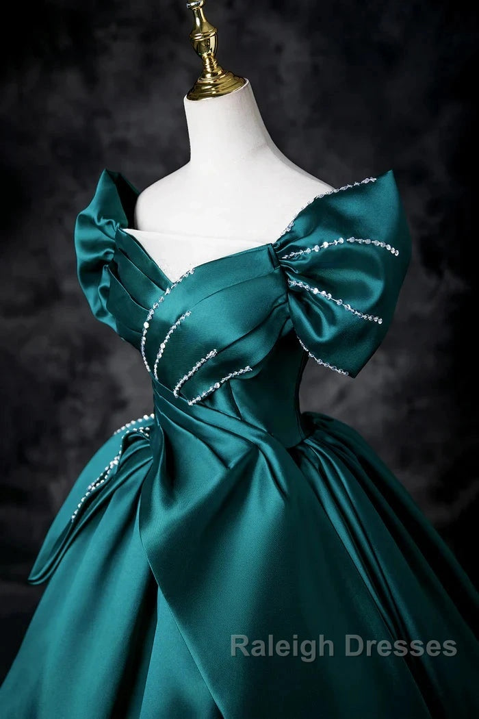 Teal A-Line Off The Shoulder Satin Long Prom Dress, Elegant Evening Dress