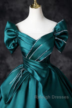 Teal A-Line Off The Shoulder Satin Long Prom Dress, Elegant Evening Dress