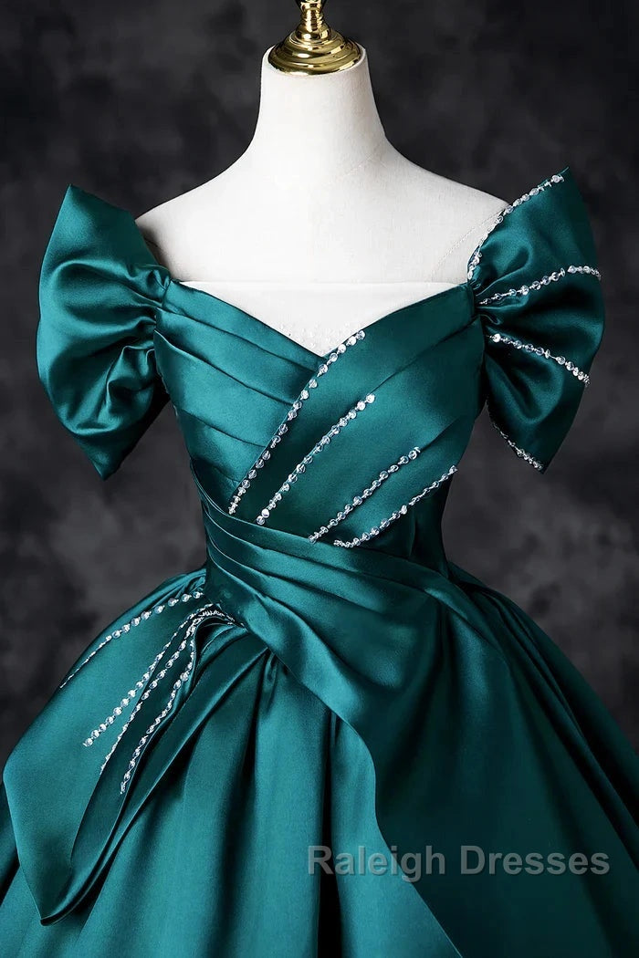 Teal A-Line Off The Shoulder Satin Long Prom Dress, Elegant Evening Dress
