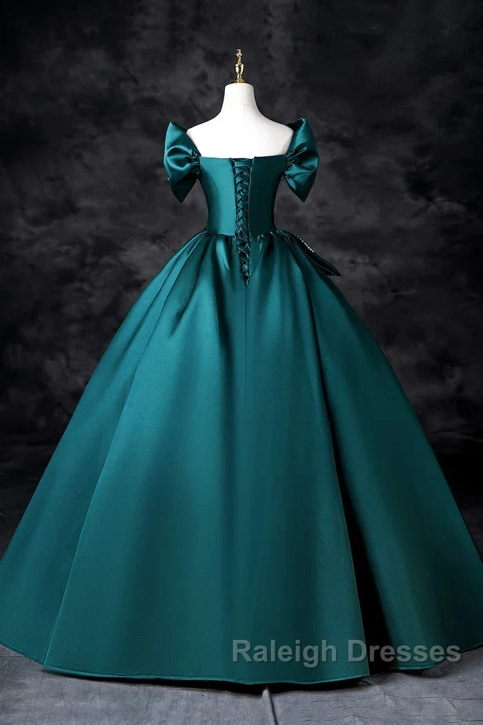 Teal A-Line Off The Shoulder Satin Long Prom Dress, Elegant Evening Dress