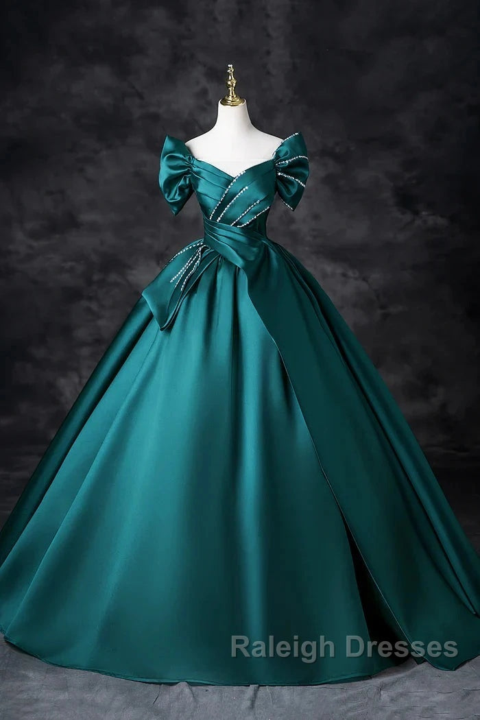 Teal A-Line Off The Shoulder Satin Long Prom Dress, Elegant Evening Dress