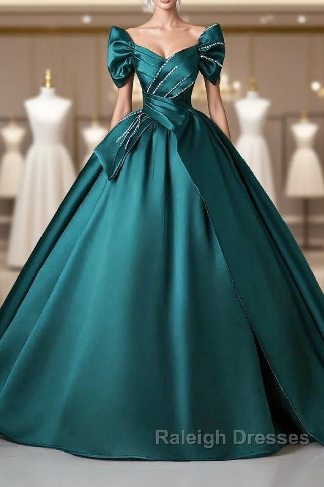 Teal A-Line Off The Shoulder Satin Long Prom Dress, Elegant Evening Dress