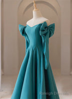 Teal Blue Long Sleeves with Bow A Line Sweetheart Prom Dress, Teal Blue Prom Dress