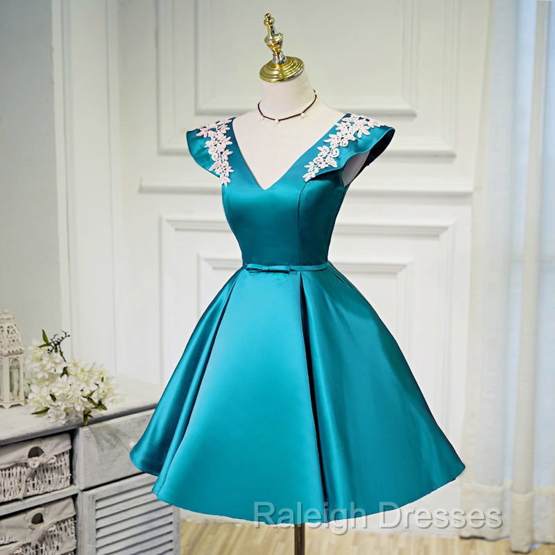 Teal Blue Satin Short Party Dress With White Lace, Blue Homecoming Dress Prom Dress Secondary image
