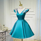 Teal Blue Satin Short Prom Dresses With White Lace Blue Homecoming Dresses Prom Dresses
