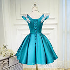Teal Blue Satin Short Party Dress With White Lace, Blue Homecoming Dress Prom Dress