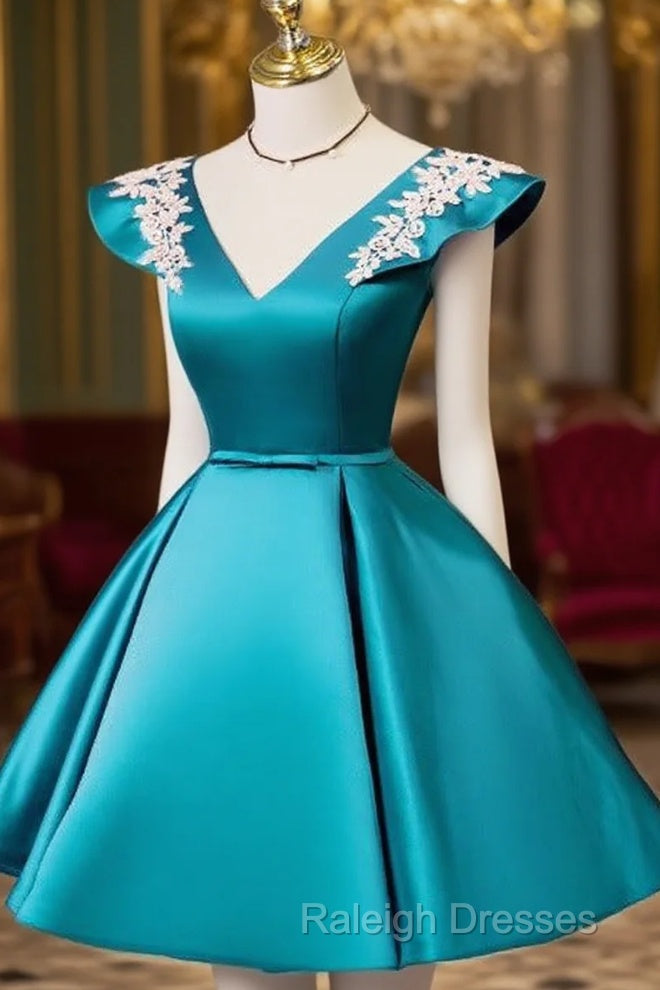 Teal Blue Satin Short Party Dress With White Lace, Blue Homecoming Dress Prom Dress Main image