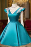 Teal Blue Satin Short Party Dress With White Lace, Blue Homecoming Dress Prom Dress