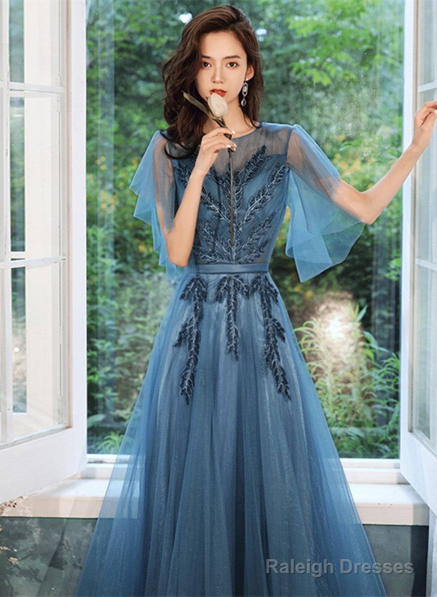 Teal Blue Tulle A-Line Prom Dresses Long With Lace Long Prom Dresses