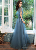 Teal Blue Tulle A-Line Prom Dresses Long With Lace Long Prom Dresses