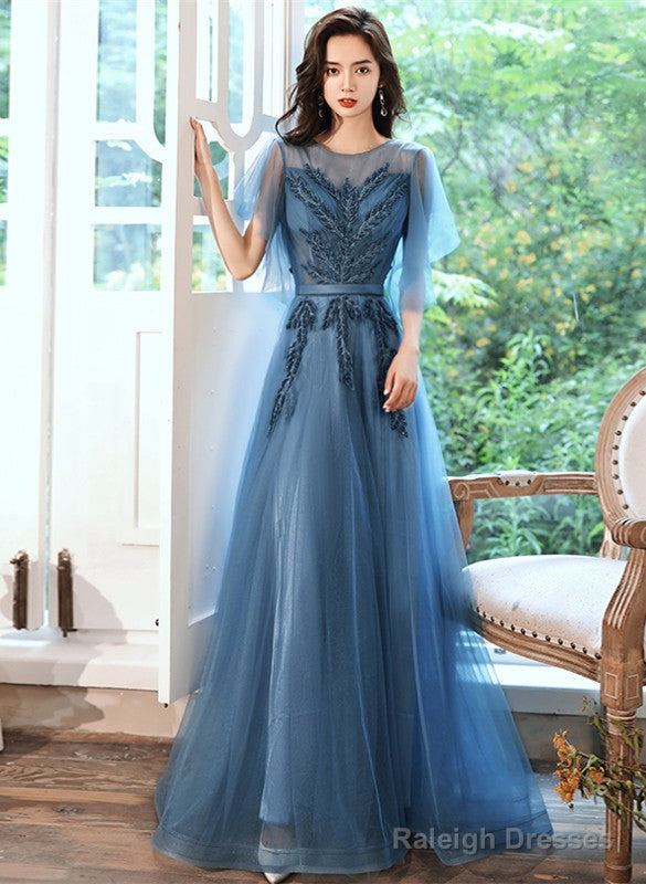 Teal Blue Tulle A-Line Long Prom Dress With Lace, Long Formal Dress
