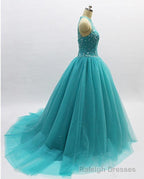 Teal Blue Tulle Beaded Ball Gowns High Neckline Sweet 16 Dress, Blue Quinceanera Dresses
