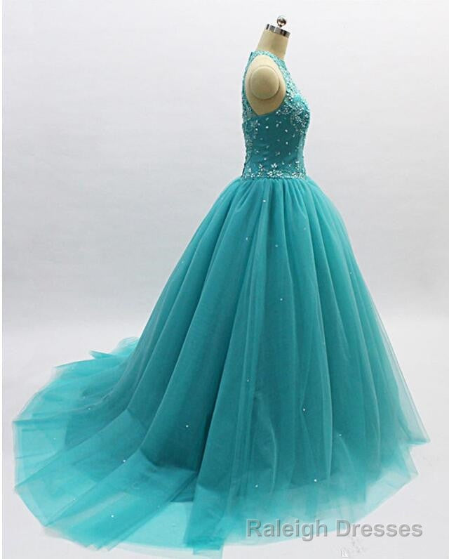 Teal Blue Tulle Beaded Ball Gown High Neckline Sweet 16 Dress, Blue Quinceanera Dresses