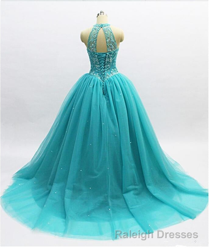 Teal Blue Tulle Beaded Ball Gown High Neckline Sweet 16 Dress, Blue Quinceanera Dresses