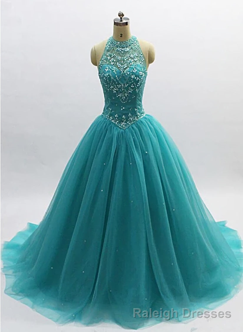 Teal Blue Tulle Beaded Ball Gown High Neckline Sweet 16 Dress, Blue Quinceanera Dresses Main image