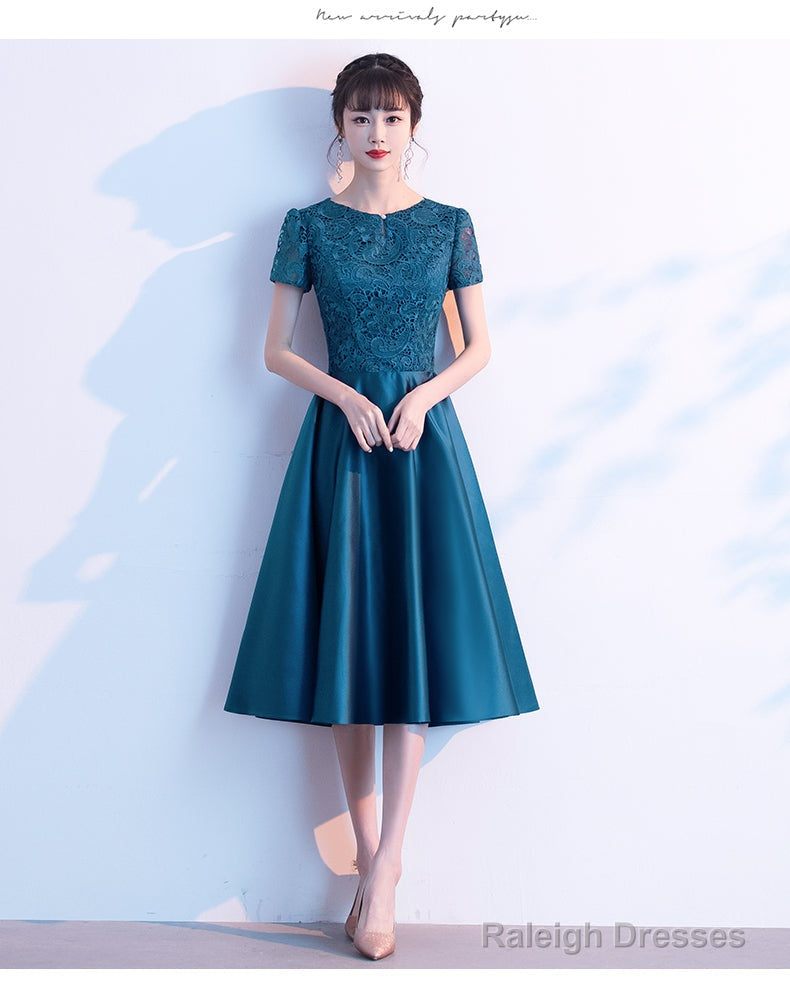 Teal Green Round Neckline Satin With Lace Wedding Party Dresses, Short Bridesmaid Dresses Secondary image