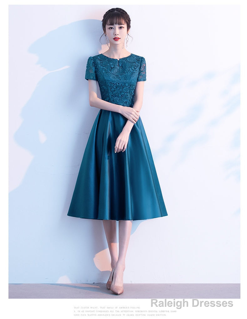 Teal Green Round Neckline Satin With Lace Wedding Party Dresses, Short Bridesmaid Dresses