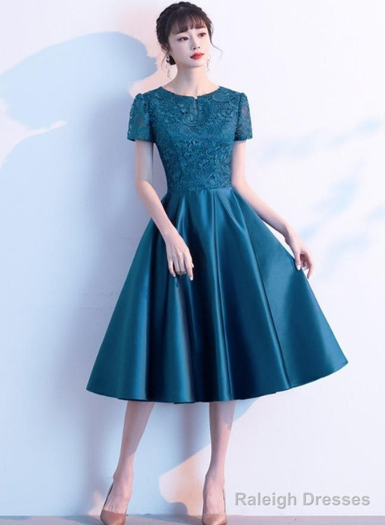 Teal Green Round Neckline Satin With Lace Wedding Party Dresses, Short Bridesmaid Dresses Main image