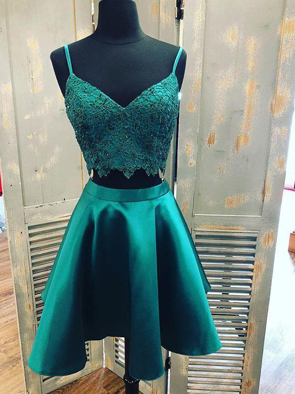 Teal Green Spaghetti Strap Two Piece Lace Satin Homecoming Dress Secondary image