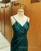 Teal Satin V Neck Sheath Midi Dress