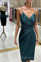 Teal Satin V Neck Sheath Midi Dress