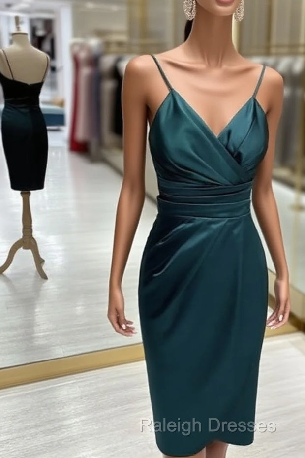Teal Satin V Neck Sheath Midi Dress