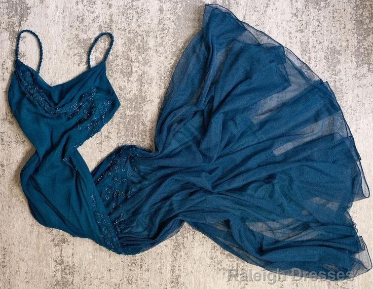 Teal Spaghetti Strap Chiffon Beaded Appliqu Long Prom Dress Evening Dress Secondary image