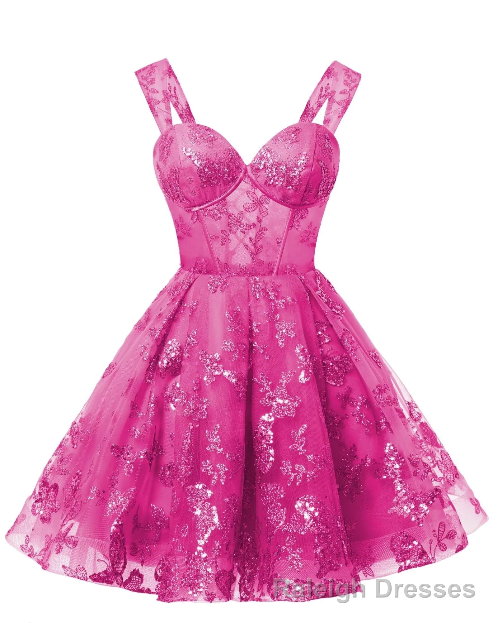 Teens Sparkly Tulle Fuchsia Homecoming Dresses Spaghetti Straps Short Cocktail Prom Prom Dress Main image