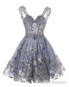 Teens Sparkly Tulle Dusty Blue Homecoming Dresses Spaghetti Straps Short Cocktail Prom Prom Dress