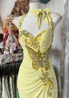 Temperament Yellow Mermaid Halter Neck Sequin Diamond Long Prom Dress Birthday Dress