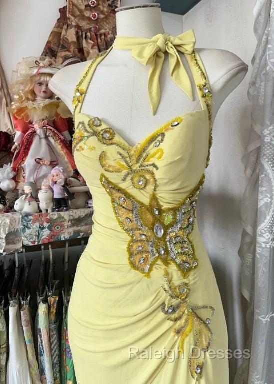Temperament Yellow Mermaid Halter Neck Sequin Diamond Prom Dresses Long Birthday Dresses