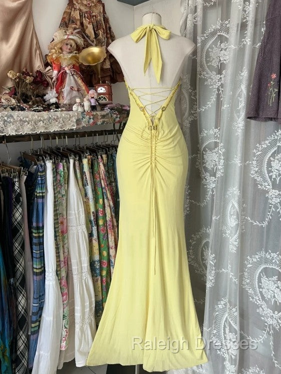 Temperament Yellow Mermaid Halter Neck Sequin Diamond Long Prom Dress Birthday Dress