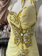 Temperament Yellow Mermaid Halter Neck Sequin Diamond Long Prom Dress Birthday Dress