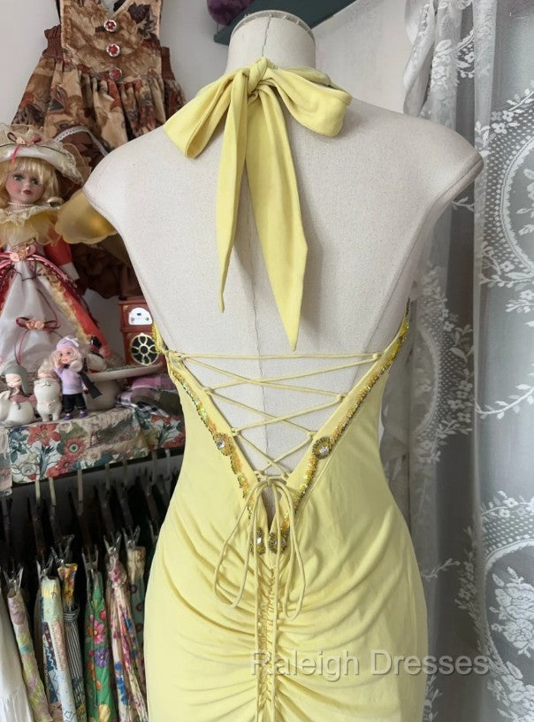 Temperament Yellow Mermaid Halter Neck Sequin Diamond Long Prom Dress Birthday Dress