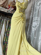 Temperament Yellow Mermaid Halter Neck Sequin Diamond Long Prom Dress Birthday Dress