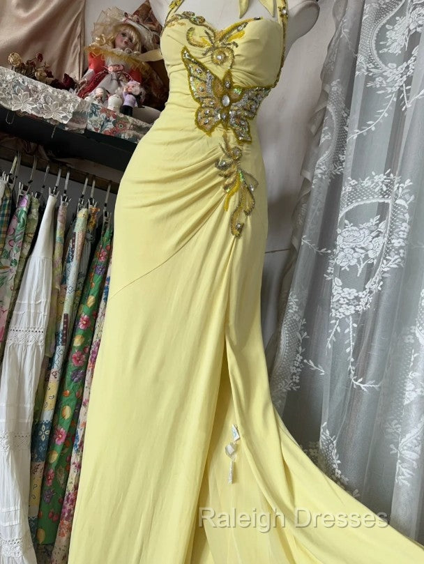 Temperament Yellow Mermaid Halter Neck Sequin Diamond Long Prom Dress Birthday Dress