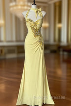 Temperament Yellow Mermaid Halter Neck Sequin Diamond Long Prom Dress Birthday Dress