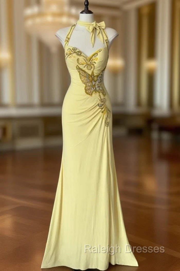 Temperament Yellow Mermaid Halter Neck Sequin Diamond Long Prom Dress Birthday Dress