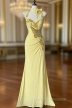 Temperament Yellow Mermaid Halter Neck Sequin Diamond Prom Dresses Long Birthday Dresses