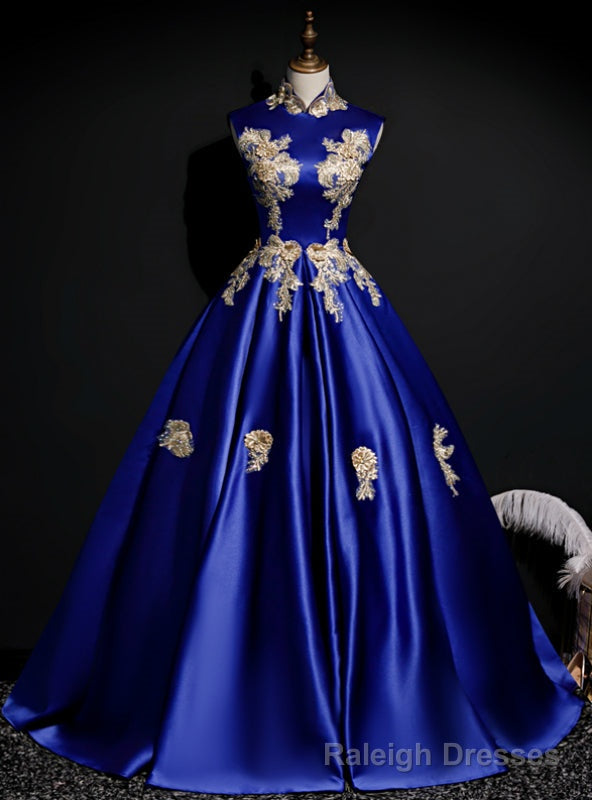 The Best Discount Blue Ball Gown Satin High Neck Appliques Backless Quinceanera Dress Main image