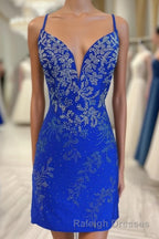 Royal Blue Beaded Plunge V Lace-Up Short Homecoming Dress
