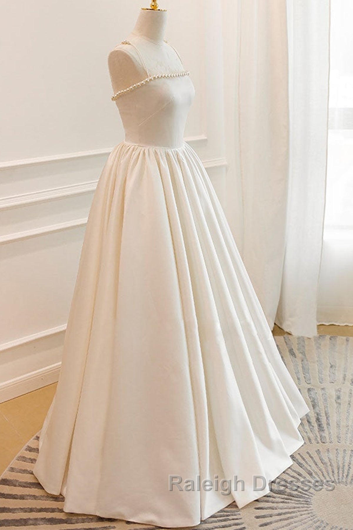 Thin Straps Open Back Ivory Satin Prom Dress Long with Pearls Long Ivory Prom Graduation Prom Dress