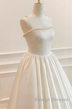 Thin Straps Open Back Ivory Satin Prom Dress Long with Pearls Long Ivory Prom Graduation Prom Dress