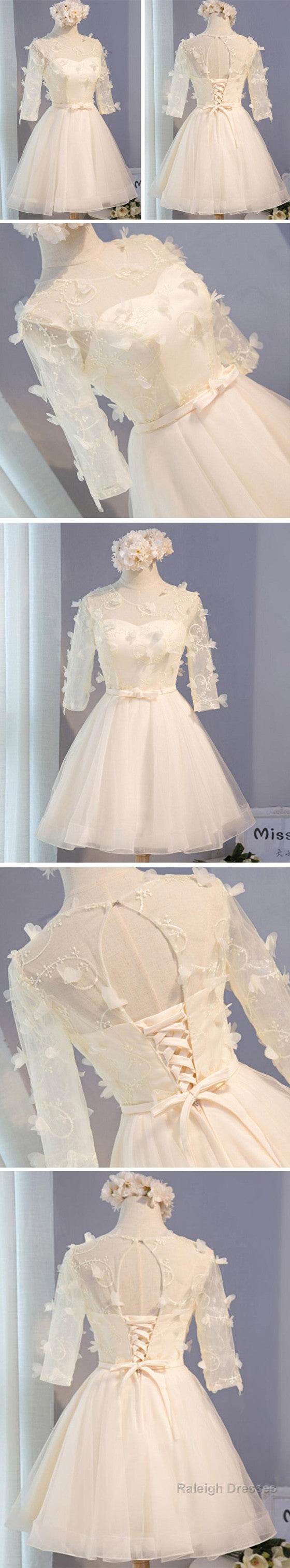 Three-Quarter Illusion Sleeve  Clairvoyant Outfit Lace Up Back For Teen Organza Appliques Homecoming Dress