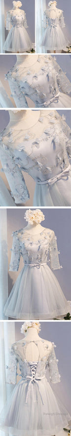 Three-Quarter Illusion Sleeve  Clairvoyant Outfit Lace Up Back For Teen Organza Appliques Homecoming Dress