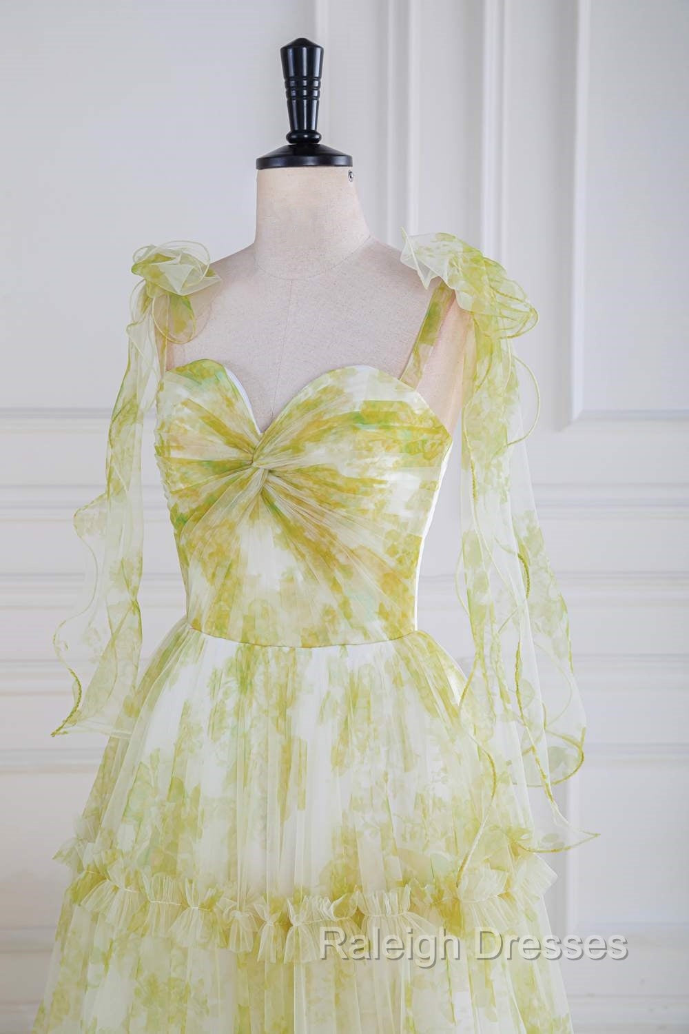 Tie Straps Yellow Floral Print Ruffles Tulle Long Prom Dress Secondary image