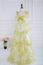 Tie Straps Yellow Floral Print Ruffles Tulle Long Prom Dress