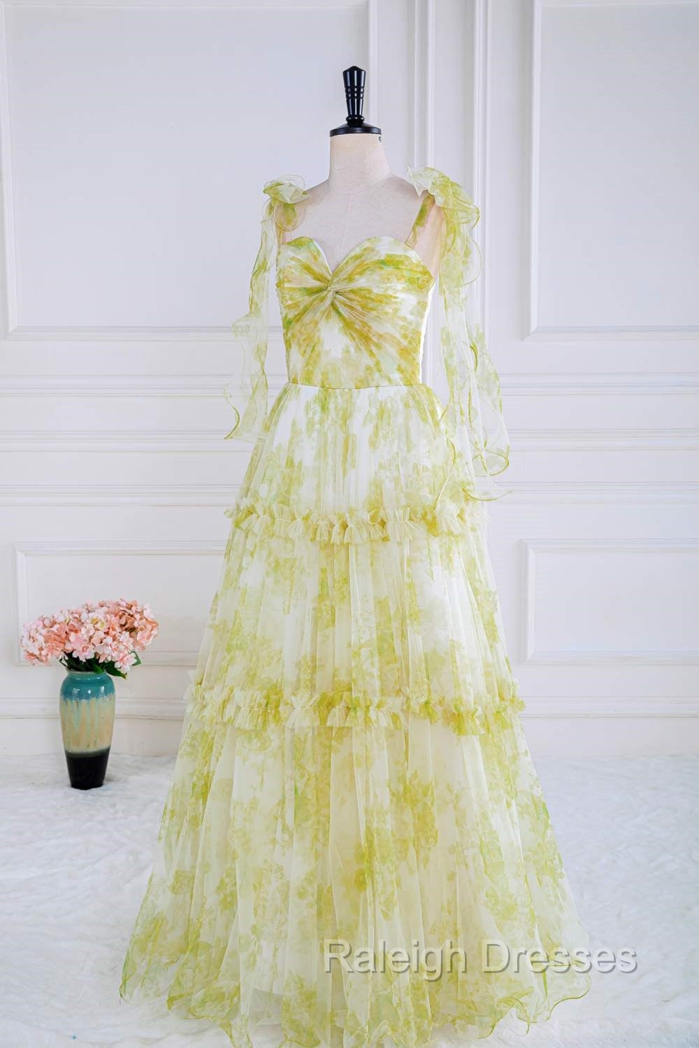 Tie Straps Yellow Floral Print Ruffles Tulle Long Prom Dress