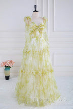 Tie Straps Yellow Floral Print Ruffles Tulle Long Prom Dress